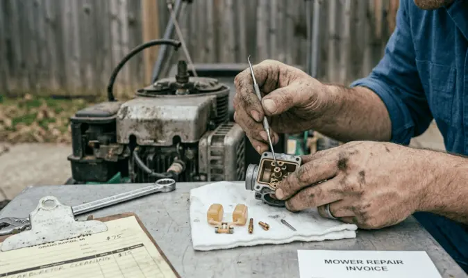 Technician repairing a residential lawn mower in a professional workshop in Grand Rapids, Michigan
