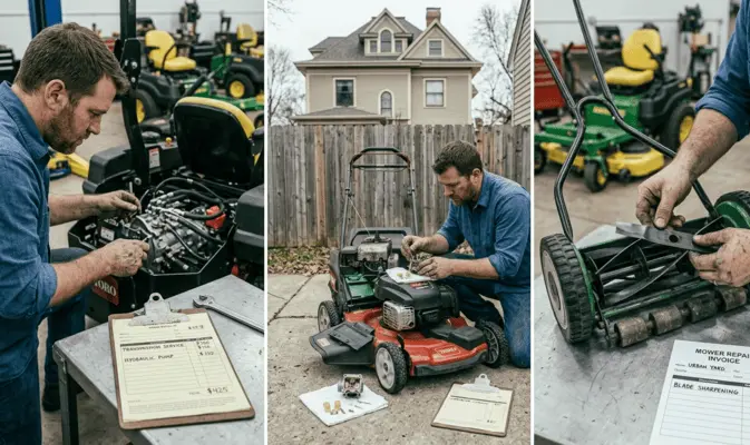 Professional lawn mower repair technician servicing a residential mower in a top-rated repair shop in Grand Rapids, Michigan