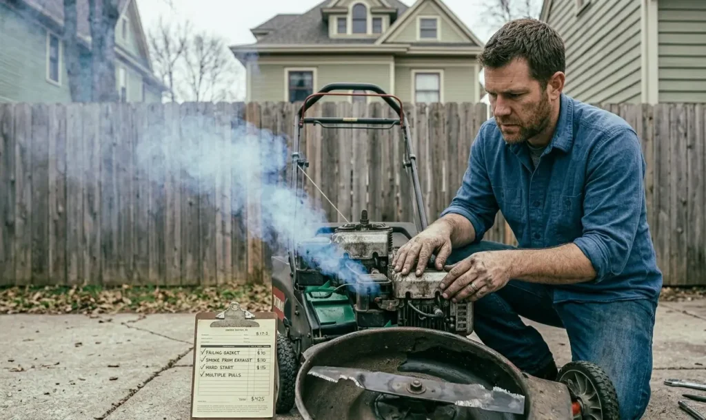 Emergency lawn mower repair service by a certified technician in a professional Grand Rapids, MI repair workshop